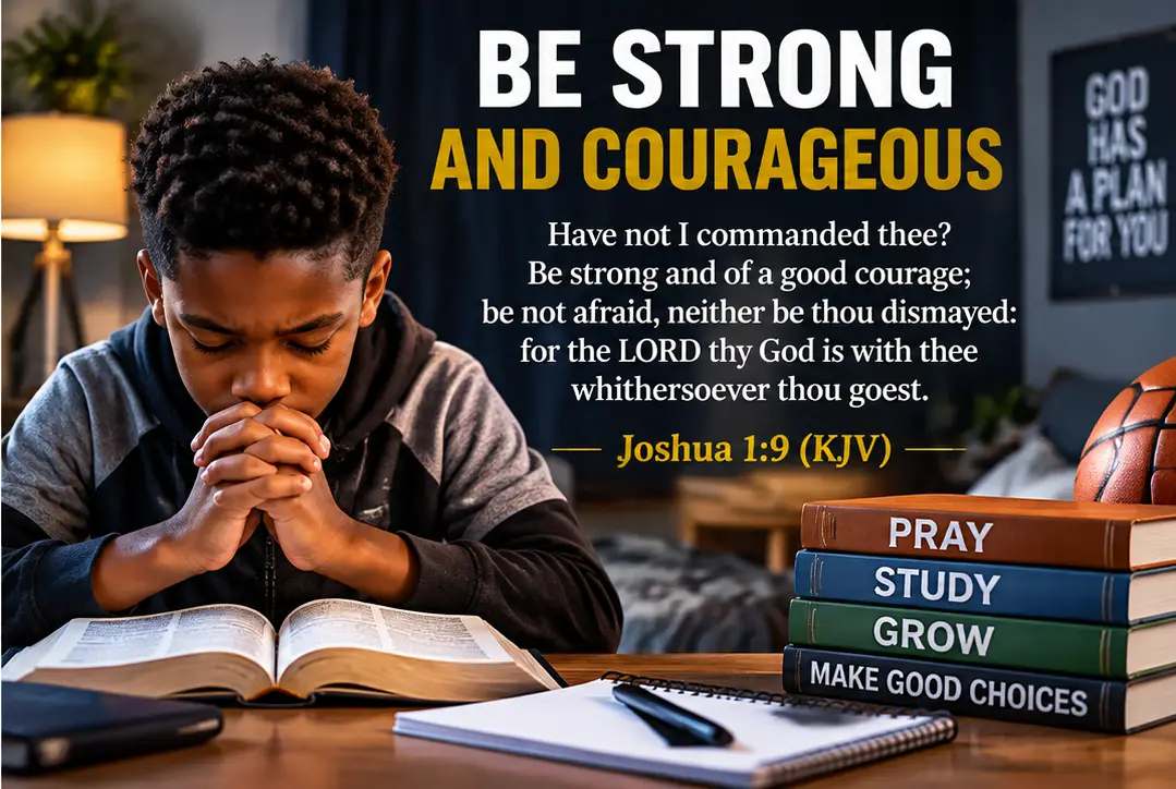 Teenage boy praying — Joshua 1:9 KJV